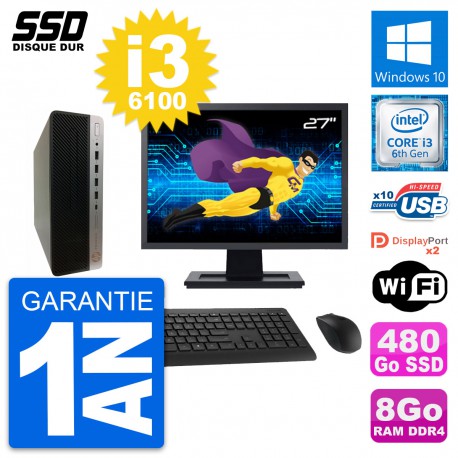 PC HP ProDesk 600 G3 SFF Ecran 27" i3-6100 RAM 8Go SSD 480Go Windows 10 Wifi