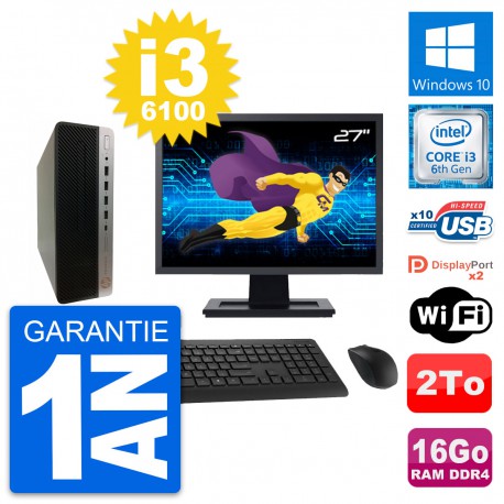 PC HP 600 G3 SFF Ecran 27" Intel i3-6100 RAM 16Go Disque Dur 2To Windows 10 Wifi