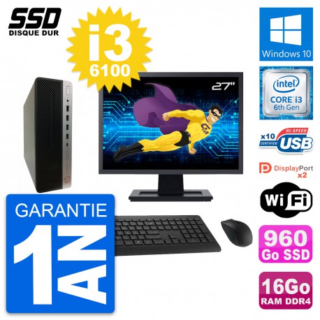 PC HP ProDesk 600 G3 SFF Ecran 27" i3-6100 RAM 16Go SSD 960Go Windows 10 Wifi