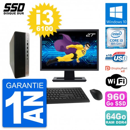 PC HP ProDesk 600 G3 SFF Ecran 27" i3-6100 RAM 64Go SSD 960Go Windows 10 Wifi