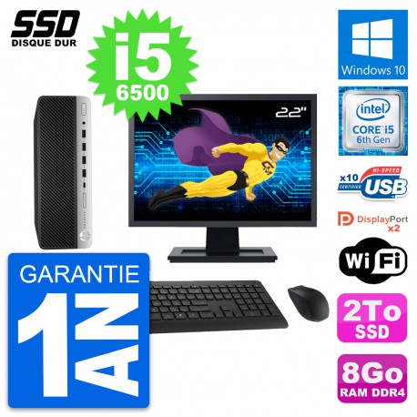 PC HP ProDesk 600 G3 SFF Ecran 22" Intel i5-6500 RAM 8Go SSD 2To Windows 10 Wifi