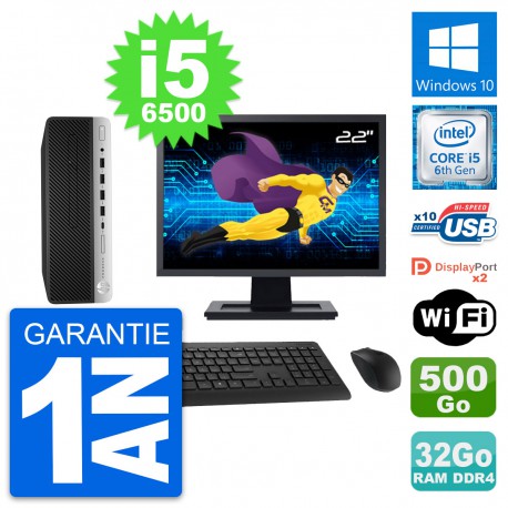 PC HP 600 G3 SFF Ecran 22" Intel i5-6500 RAM 32Go Disque 500Go Windows 10 Wifi