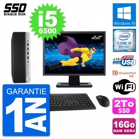 PC HP ProDesk 600 G3 SFF Ecran 22" Core i5-6500 RAM 16Go SSD 2To Windows 10 Wifi