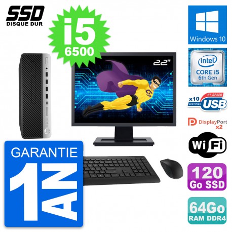 PC HP ProDesk 600 G3 SFF Ecran 22" i5-6500 RAM 64Go SSD 120Go Windows 10 Wifi