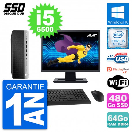 PC HP ProDesk 600 G3 SFF Ecran 22" i5-6500 RAM 64Go SSD 480Go Windows 10 Wifi