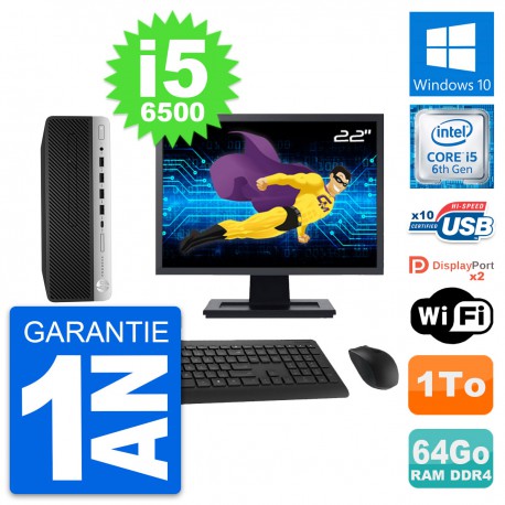 PC HP 600 G3 SFF Ecran 22" Intel i5-6500 RAM 64Go Disque Dur 1To Windows 10 Wifi