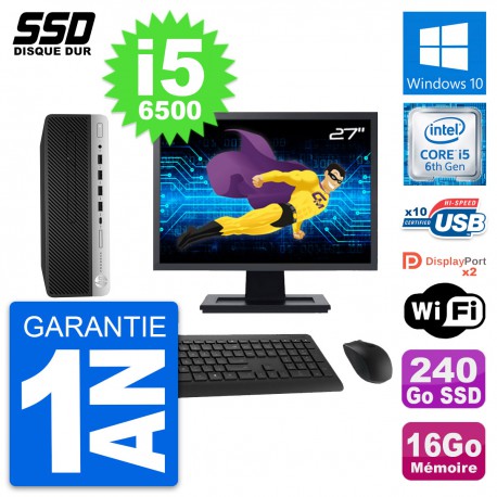 PC HP ProDesk 600 G3 SFF Ecran 27" i5-6500 RAM 16Go SSD 240Go Windows 10 Wifi