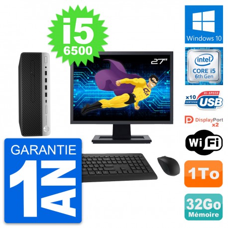 PC HP 600 G3 SFF Ecran 27" Intel i5-6500 RAM 32Go Disque Dur 1To Windows 10 Wifi