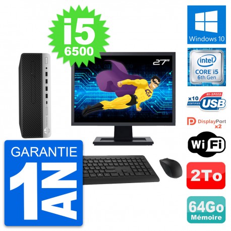 PC HP 600 G3 SFF Ecran 27" Intel i5-6500 RAM 64Go Disque Dur 2To Windows 10 Wifi