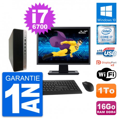 PC HP 600 G3 SFF Ecran 22" Intel i7-6700 RAM 16Go Disque Dur 1To Windows 10 Wifi