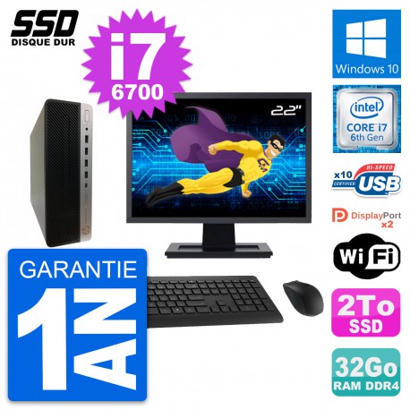 PC HP ProDesk 600 G3 SFF Ecran 22" Core i7-6700 RAM 32Go SSD 2To Windows 10 Wifi