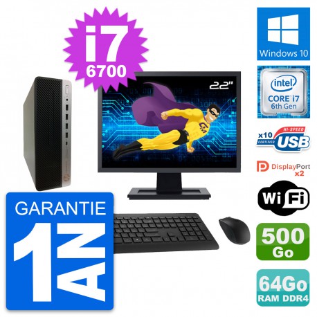 PC HP 600 G3 SFF Ecran 22" Intel i7-6700 RAM 64Go Disque 500Go Windows 10 Wifi