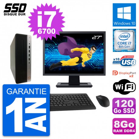 PC HP ProDesk 600 G3 SFF Ecran 27" i7-6700 RAM 8Go SSD 120Go Windows 10 Wifi