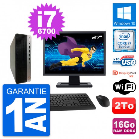PC HP 600 G3 SFF Ecran 27" Intel i7-6700 RAM 16Go Disque Dur 2To Windows 10 Wifi