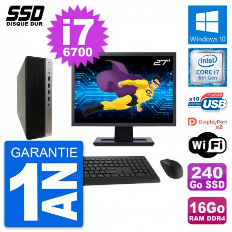 PC HP ProDesk 600 G3 SFF Ecran 27" i7-6700 RAM 16Go SSD 240Go Windows 10 Wifi