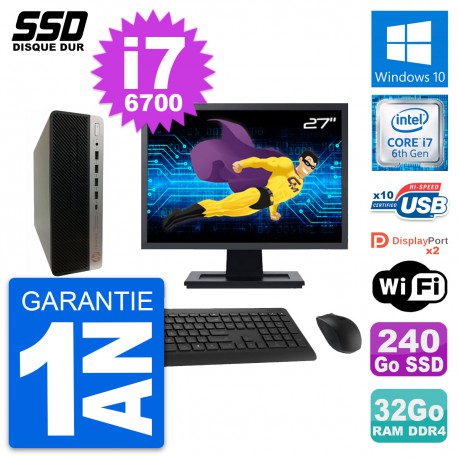 PC HP ProDesk 600 G3 SFF Ecran 27" i7-6700 RAM 32Go SSD 240Go Windows 10 Wifi