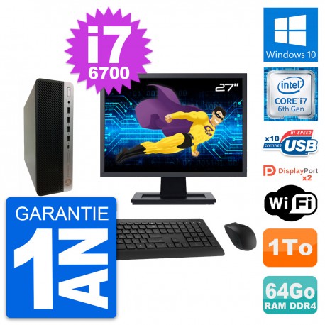 PC HP 600 G3 SFF Ecran 27" Intel i7-6700 RAM 64Go Disque Dur 1To Windows 10 Wifi