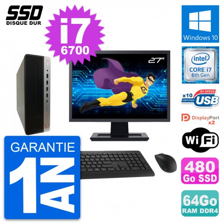 PC HP ProDesk 600 G3 SFF Ecran 27" i7-6700 RAM 64Go SSD 480Go Windows 10 Wifi