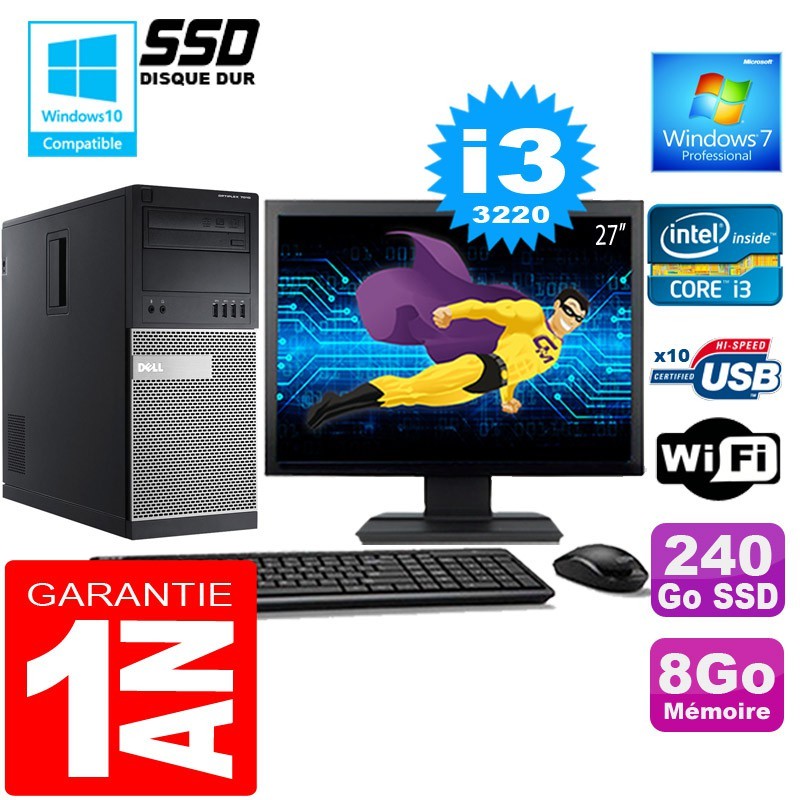 PC De Bureau Dell T1650 MT - Intel I3-3220, RAM 8Go, DD 500Go, Windows 10, écran 22'' Inclus - Reconditionné