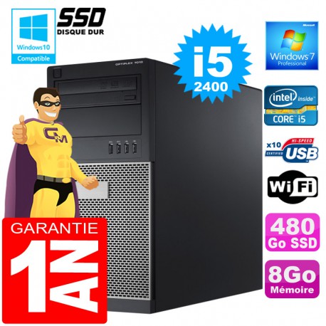 PC Tour DELL 7010 Core I5-2400 Ram 8Go Disque 480 Go SSD Graveur DVD Wifi W7
