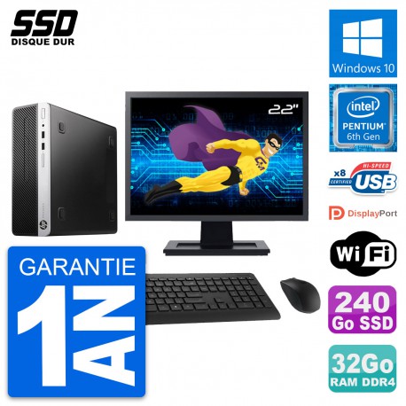 PC HP ProDesk 400 G4 SFF Ecran 22" G4400 RAM 32Go SSD 240Go Windows 10 Wifi