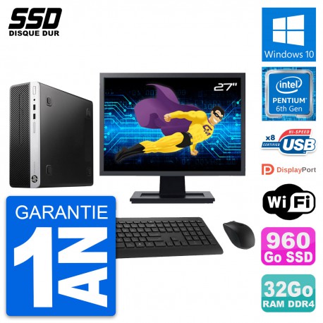 PC HP ProDesk 400 G4 SFF Ecran 27" G4400 RAM 32Go SSD 960Go Windows 10 Wifi