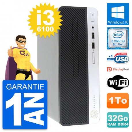 PC HP ProDesk 400 G4 SFF Intel Core i3-6100 RAM 32Go Disque 1To Windows 10 Wifi