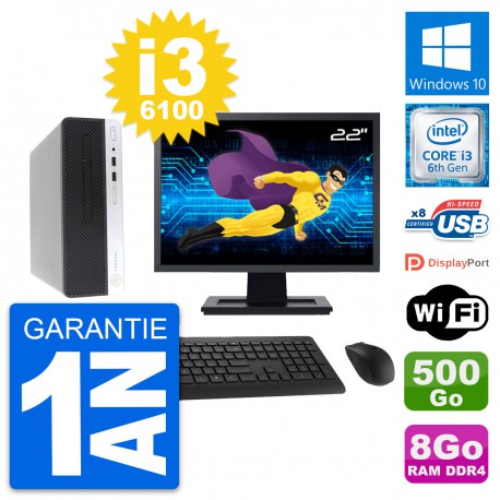 PC HP ProDesk 400 G4 SFF Ecran 22" i3-6100 RAM 8Go Disque 500Go Windows 10 Wifi