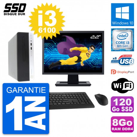 PC HP ProDesk 400 G4 SFF Ecran 22" i3-6100 RAM 8Go SSD 120Go Windows 10 Wifi