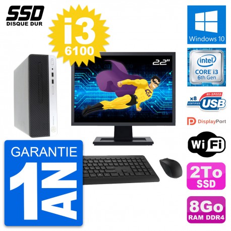 PC HP ProDesk 400 G4 SFF Ecran 22" Intel i3-6100 RAM 8Go SSD 2To Windows 10 Wifi
