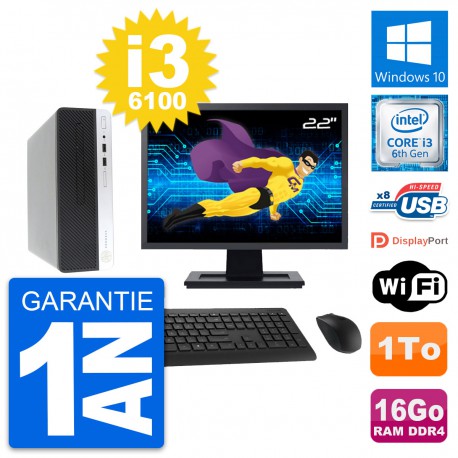 PC HP 400 G4 SFF Ecran 22" Intel i3-6100 RAM 16Go Disque Dur 1To Windows 10 Wifi