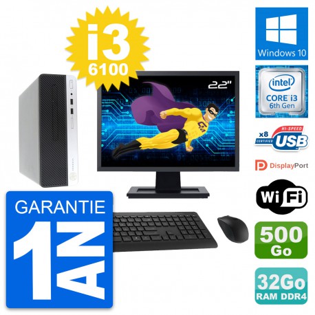 PC HP 400 G4 SFF Ecran 22" Intel i3-6100 RAM 32Go Disque 500Go Windows 10 Wifi