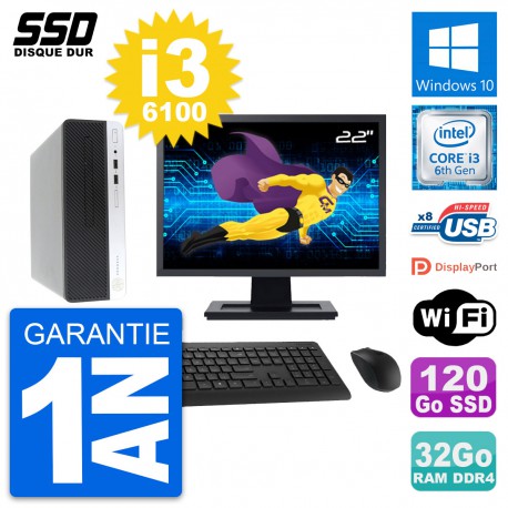 PC HP ProDesk 400 G4 SFF Ecran 22" i3-6100 RAM 32Go SSD 120Go Windows 10 Wifi