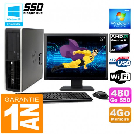 PC HP Compaq 6005 Pro SFF AMD Phenom II Ram 4Go Disque 480 Go SSD Wifi Ecran 27"