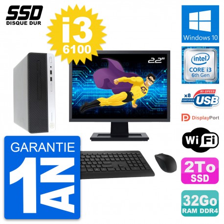 PC HP ProDesk 400 G4 SFF Ecran 22" Core i3-6100 RAM 32Go SSD 2To Windows 10 Wifi