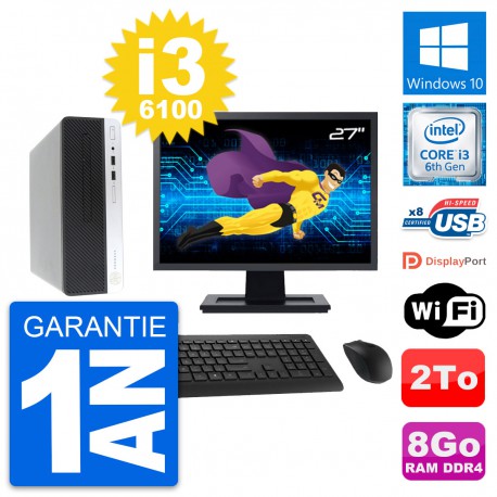 PC HP ProDesk 400 G4 SFF Ecran 27" i3-6100 RAM 8Go Disque 2To Windows 10 Wifi