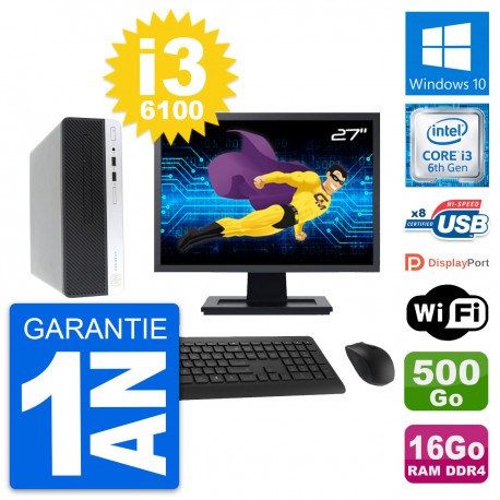 PC HP 400 G4 SFF Ecran 27" Intel i3-6100 RAM 16Go Disque 500Go Windows 10 Wifi