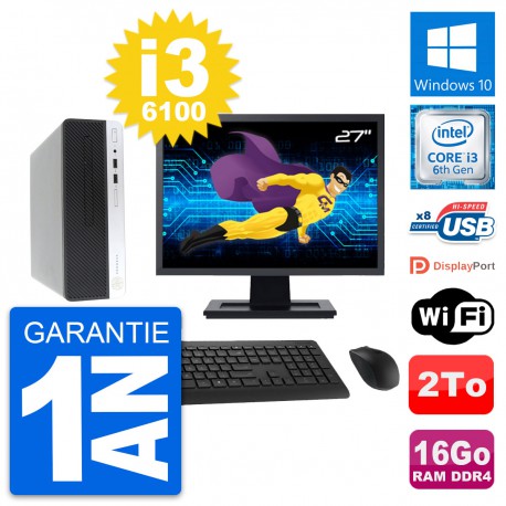 PC HP 400 G4 SFF Ecran 27" Intel i3-6100 RAM 16Go Disque Dur 2To Windows 10 Wifi