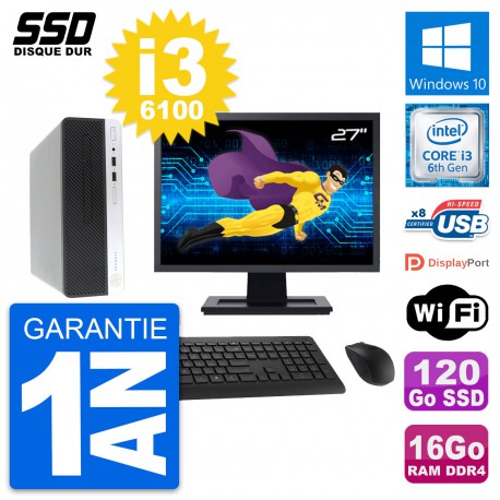 PC HP ProDesk 400 G4 SFF Ecran 27" i3-6100 RAM 16Go SSD 120Go Windows 10 Wifi
