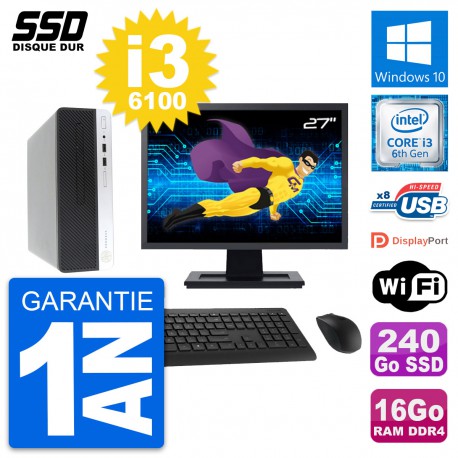 PC HP ProDesk 400 G4 SFF Ecran 27" i3-6100 RAM 16Go SSD 240Go Windows 10 Wifi