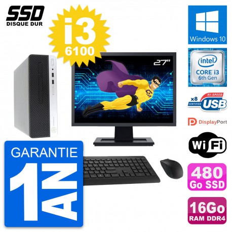 PC HP ProDesk 400 G4 SFF Ecran 27" i3-6100 RAM 16Go SSD 480Go Windows 10 Wifi