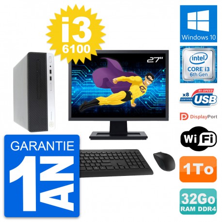 PC HP 400 G4 SFF Ecran 27" Intel i3-6100 RAM 32Go Disque Dur 1To Windows 10 Wifi