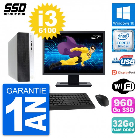 PC HP ProDesk 400 G4 SFF Ecran 27" i3-6100 RAM 32Go SSD 960Go Windows 10 Wifi