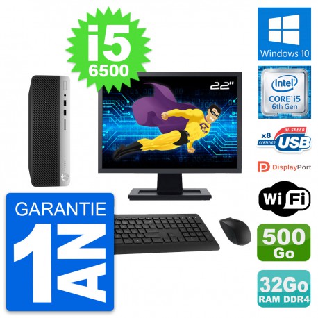 PC HP 400 G4 SFF Ecran 22" Intel i5-6500 RAM 32Go Disque 500Go Windows 10 Wifi