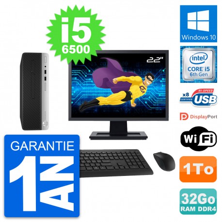 PC HP 400 G4 SFF Ecran 22" Intel i5-6500 RAM 32Go Disque Dur 1To Windows 10 Wifi