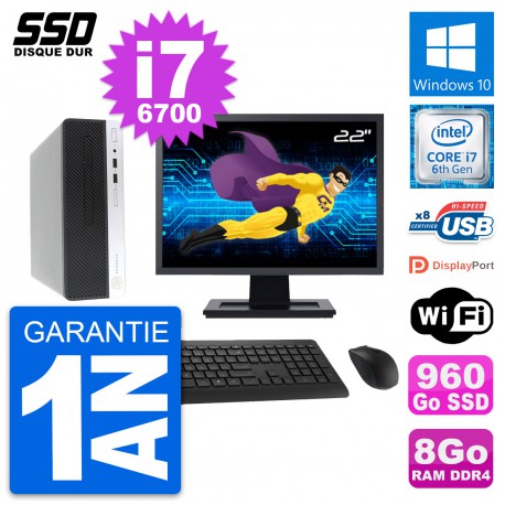 PC HP ProDesk 400 G4 SFF Ecran 22" i7-6700 RAM 8Go SSD 960Go Windows 10 Wifi