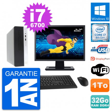 PC HP 400 G4 SFF Ecran 22" Intel i7-6700 RAM 32Go Disque Dur 1To Windows 10 Wifi
