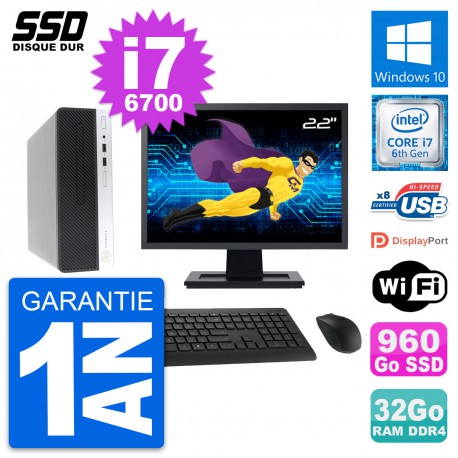 PC HP ProDesk 400 G4 SFF Ecran 22" i7-6700 RAM 32Go SSD 960Go Windows 10 Wifi
