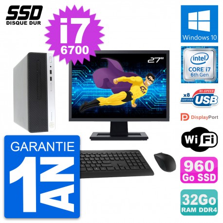 PC HP ProDesk 400 G4 SFF Ecran 27" i7-6700 RAM 32Go SSD 960Go Windows 10 Wifi
