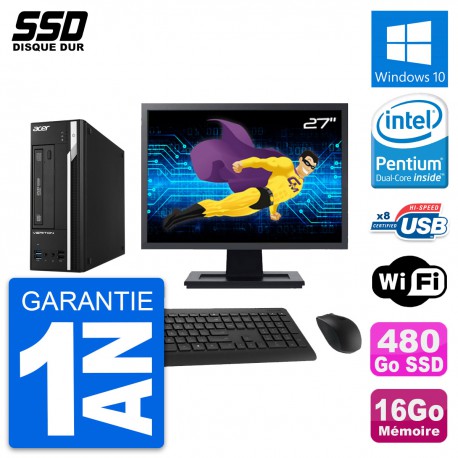 PC Acer X2632G SFF Ecran 27" Intel G3220 RAM 16Go SSD 480Go Windows 10 Wifi